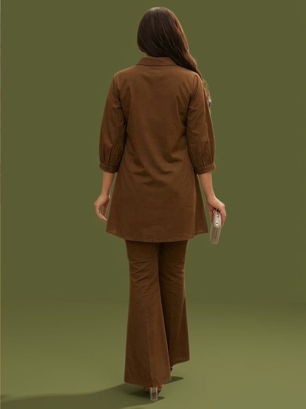 Women's dark brown tunic and wide-leg pants set, back view