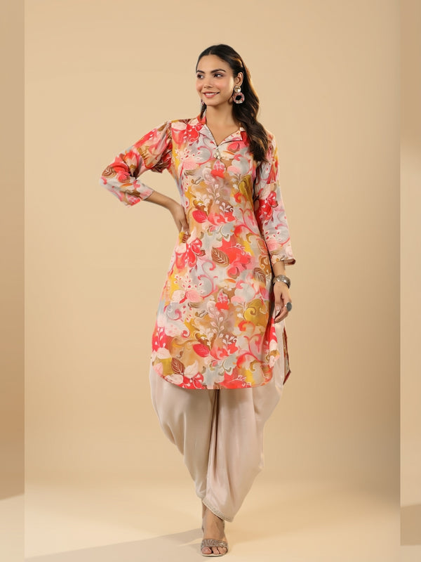 Women’s pink floral tunic with notched collar and white dhoti pants, front full body