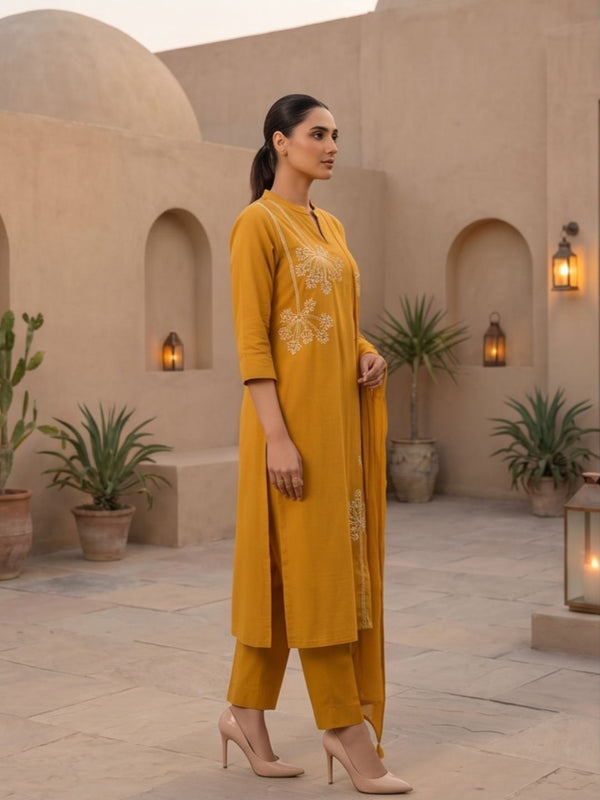 Mustard yellow A-line kurta with white floral chest embroidery and 3/4 sleeves