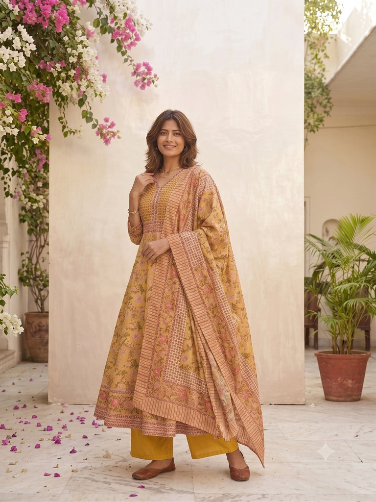 Yellow floral print V-neck anarkali set with printed dupatta, front view