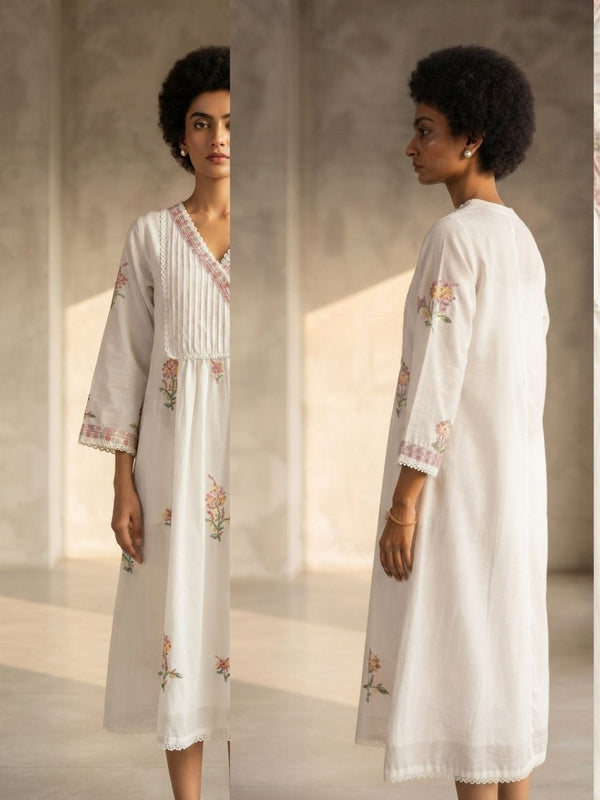 Off-white embroidered cotton angrakha dress, back view with floral motifs on sleeves