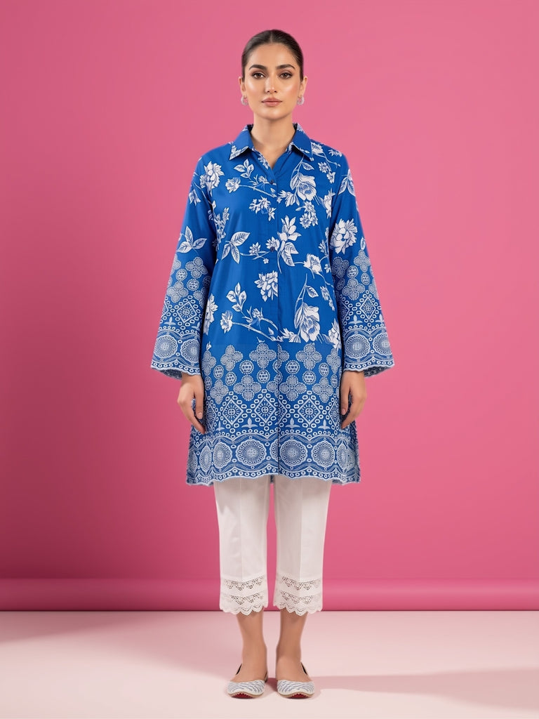 Women’s straight kurta set in dark blue with white floral embroidery and border; includes pants.