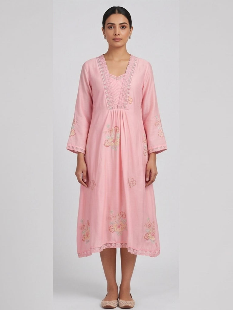 Pink embroidered V-neck cotton dress with tiered hem and 3/4 sleeves