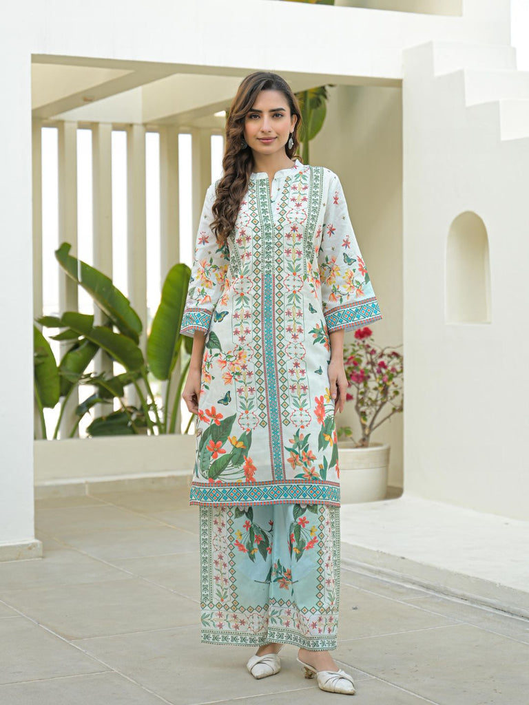 Women's kurta and palazzo set, white with light blue floral border details, full length