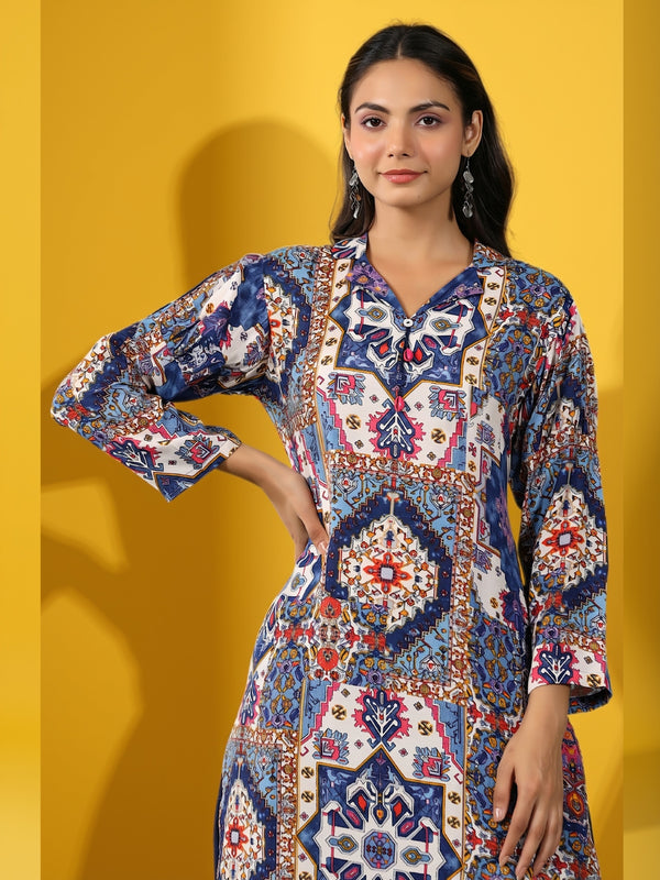 Geometric print V-neck tunic with front placket, cuffed long sleeves