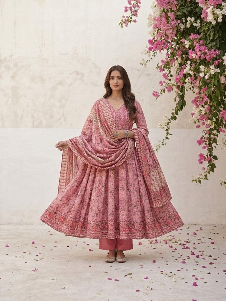 Pink floral anarkali kurta suit set with dupatta styled around the neck