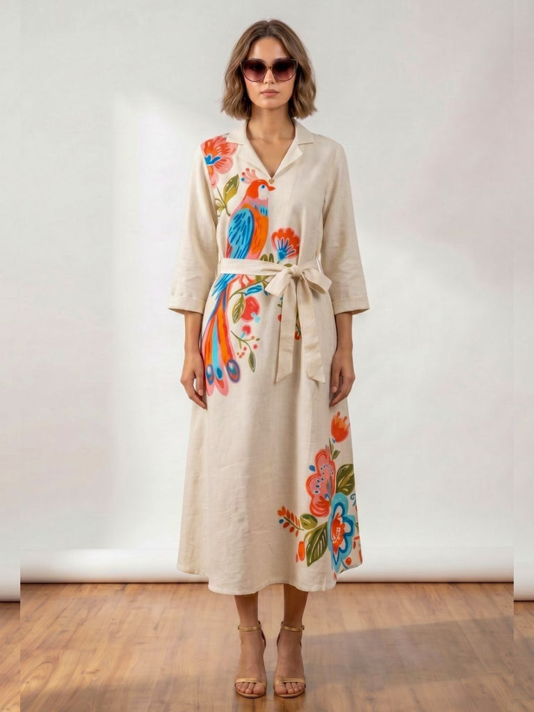Ivory collared tunic dress with vibrant peacock floral print and tie waist belt