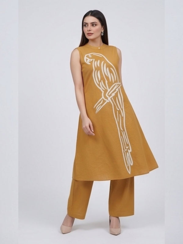 Mustard sleeveless A-line kurta and matching cropped pants with white parrot applique
