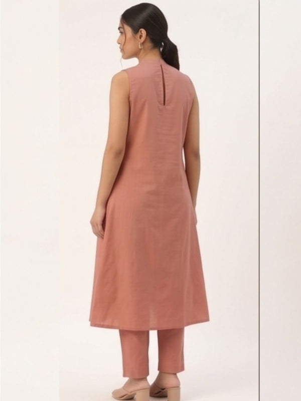 Women Rust Brown Sleeveless Round Neck CO-ORD with Contrast Leaf Cutwork Motifs