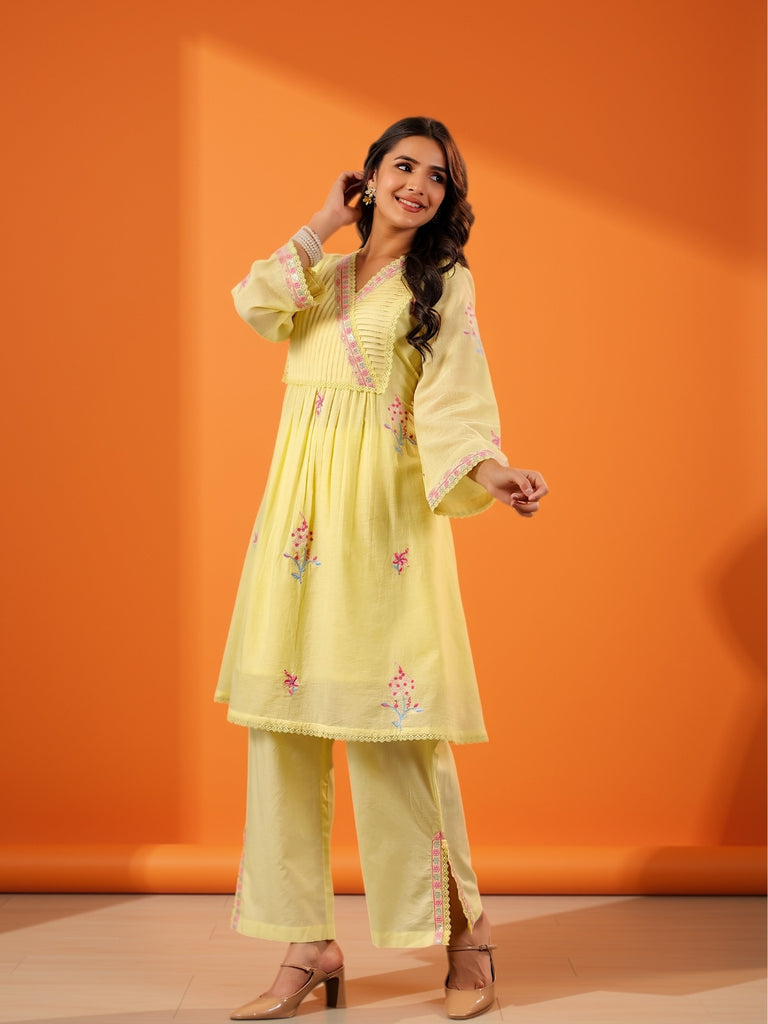 Women Lemon Yellow Embroidered Cotton Angrakha Kurta with Trousers
