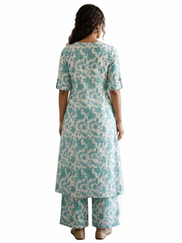 Sea green floral printed A-line kurta set, back view, short sleeves and wide-leg pants