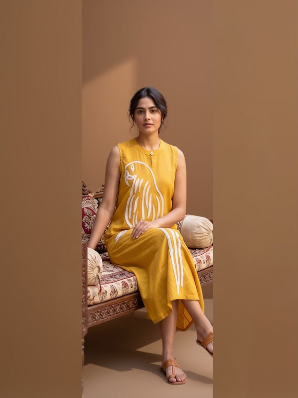Mustard sleeveless cotton A-line dress with white bird applique, side slit detail