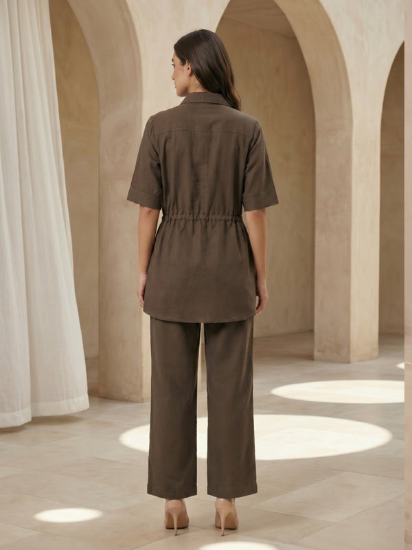 Brown cotton co-ord set, short-sleeve shirt and wide-leg trousers (back view)