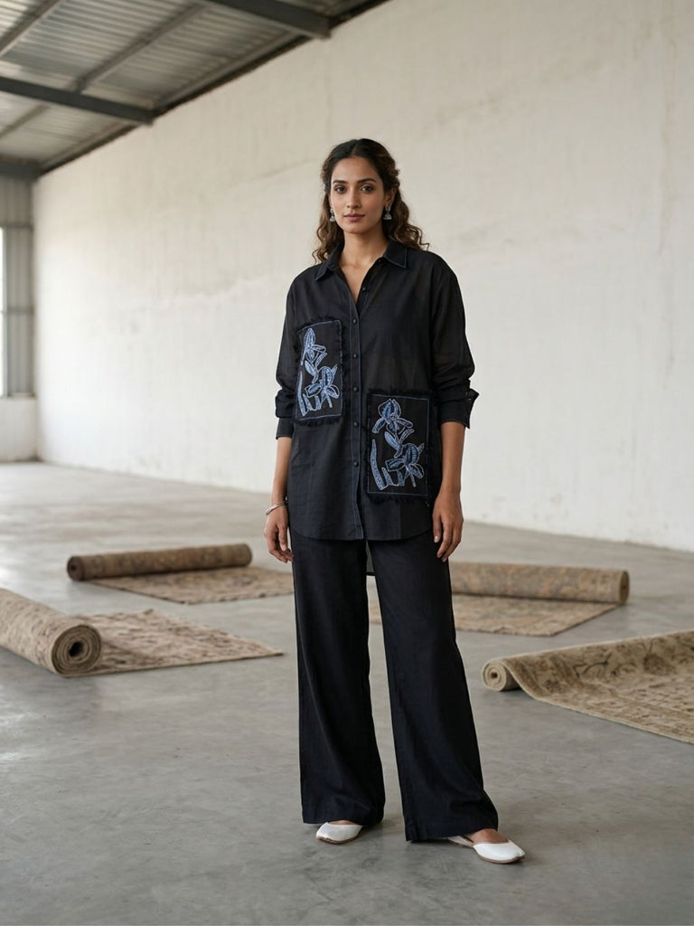 Women’s black cotton co-ord set with blue embroidered front patches: button shirt and wide-leg pants