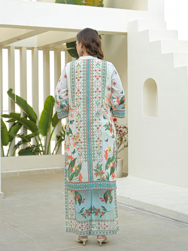 Back view of floral printed kurta and palazzo set, white with light blue accents
