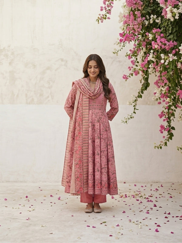 Pink floral printed anarkali kurta set with dupatta falling at the front