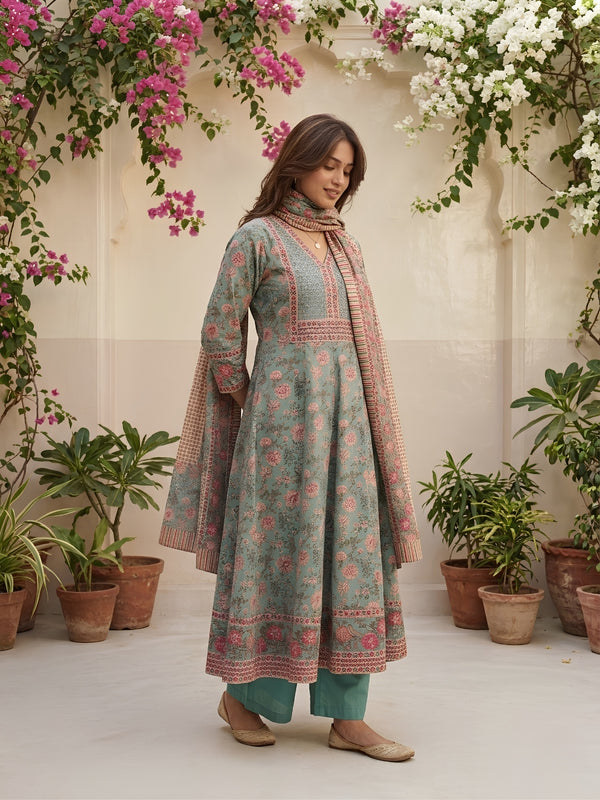 Teal floral anarkali set shown from side, V-neck dress and striped border dupatta, trousers