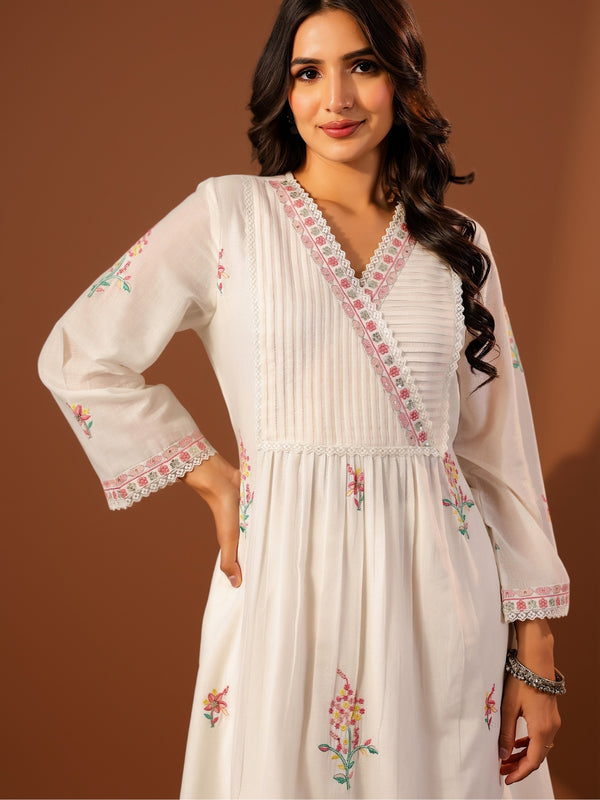 Women Off-White Embroidered Cotton Angrakha Kurta with Trousers