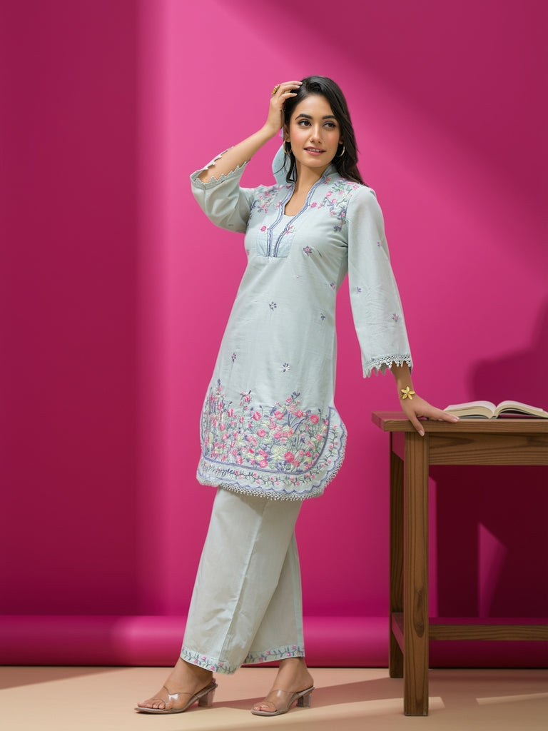 Women Off-White Floral Embroidered V-Neck Tunic with Trousers Co-ord Set