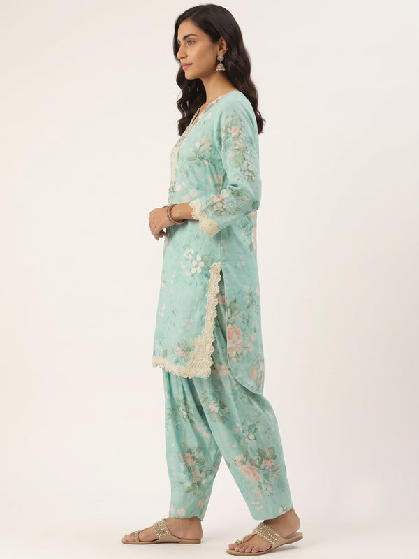 Women Sea Green Floral Printed V-Neck Kurta with Trousers & Dupatta
