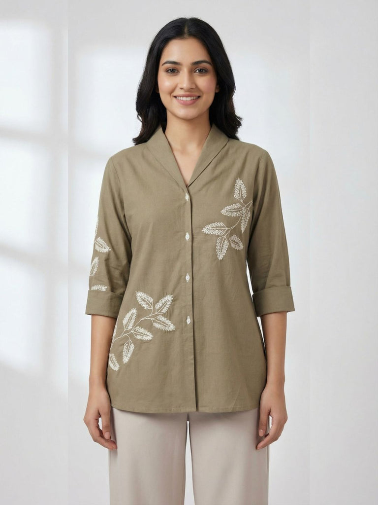 Coffee-brown cotton slub collared shirt with leaf embroidery, button-front, 3/4 sleeves