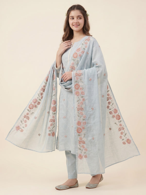 Women's ice blue kurta set with floral dupatta drape and diamond lattice embroidery
