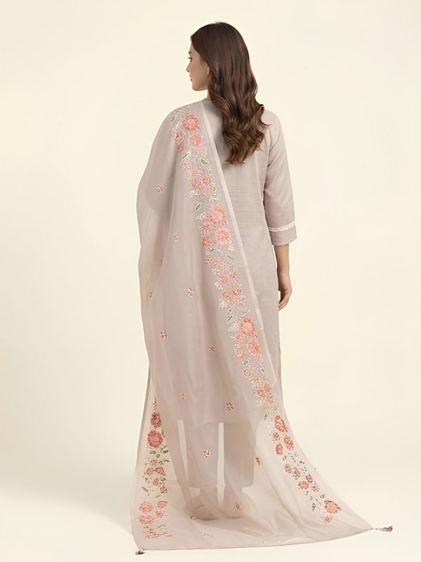 Beige cotton kurta and dupatta suit set with embroidered floral border, back view