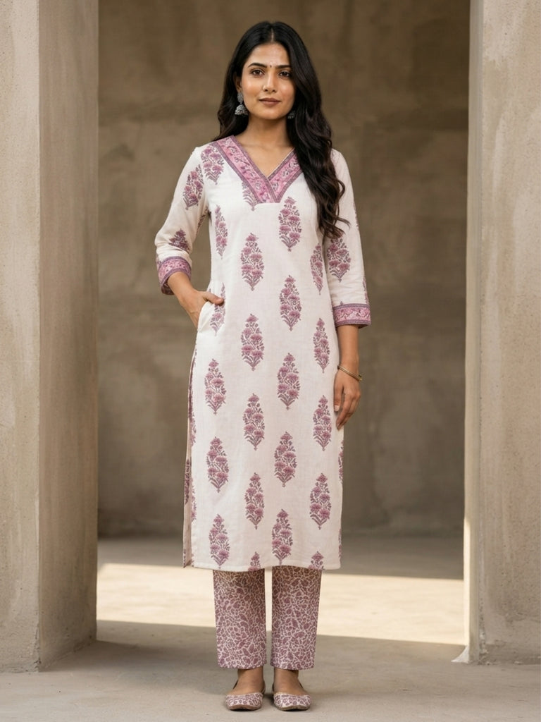 White kurta set with all-over mauve leaf motif print, V-neck, 3/4 sleeves, straight hem