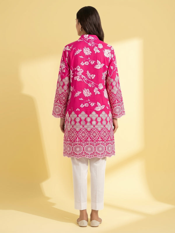 Pink straight kurta, back view with Schiffli floral embroidery; white bottoms