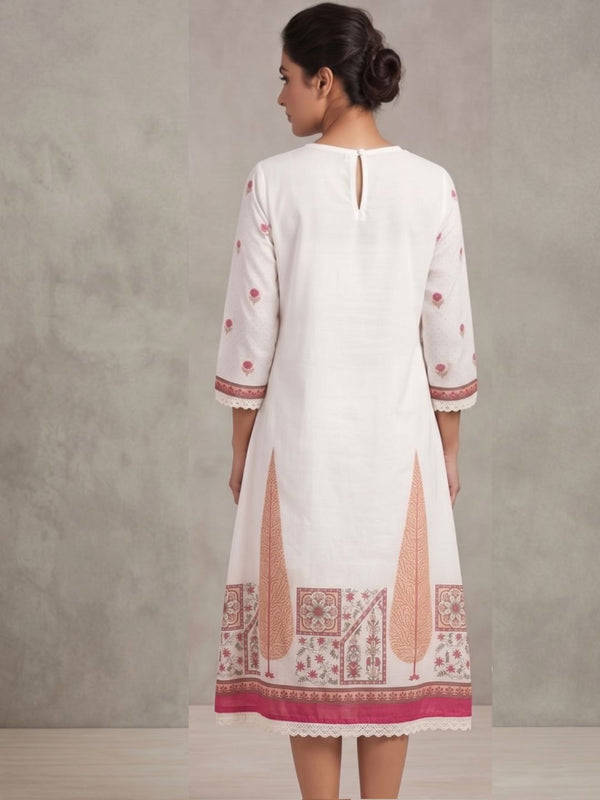 Off-white short anarkali dress, back view with center keyhole slit and printed border