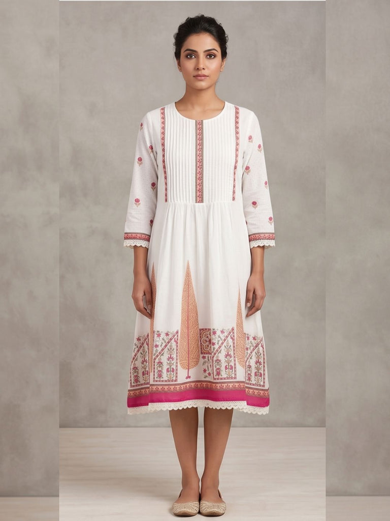 Women Off-White Cotton Short Anarkali Dress