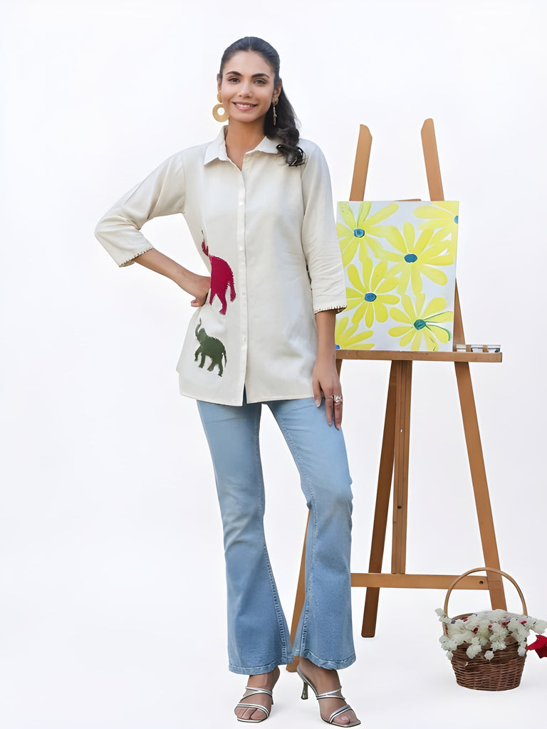 Women Off-White Cotton Linen Shirt with Colorful Elephant Applique Work