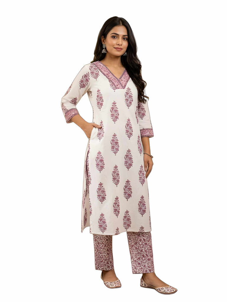 White & Mauve Ethnic Motifs Printed Pure Kurta Set