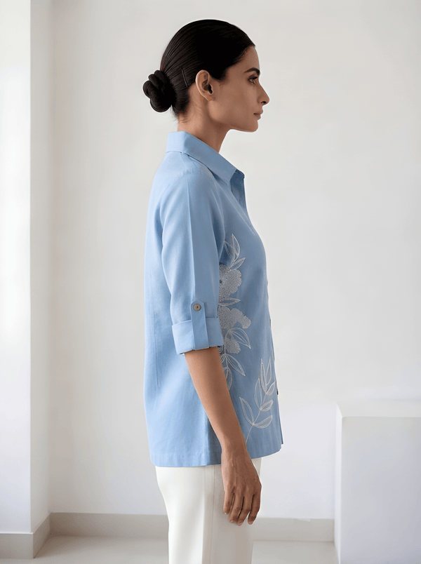 Women Powder Blue Cotton Button-Down Shirt with Floral Embroidery