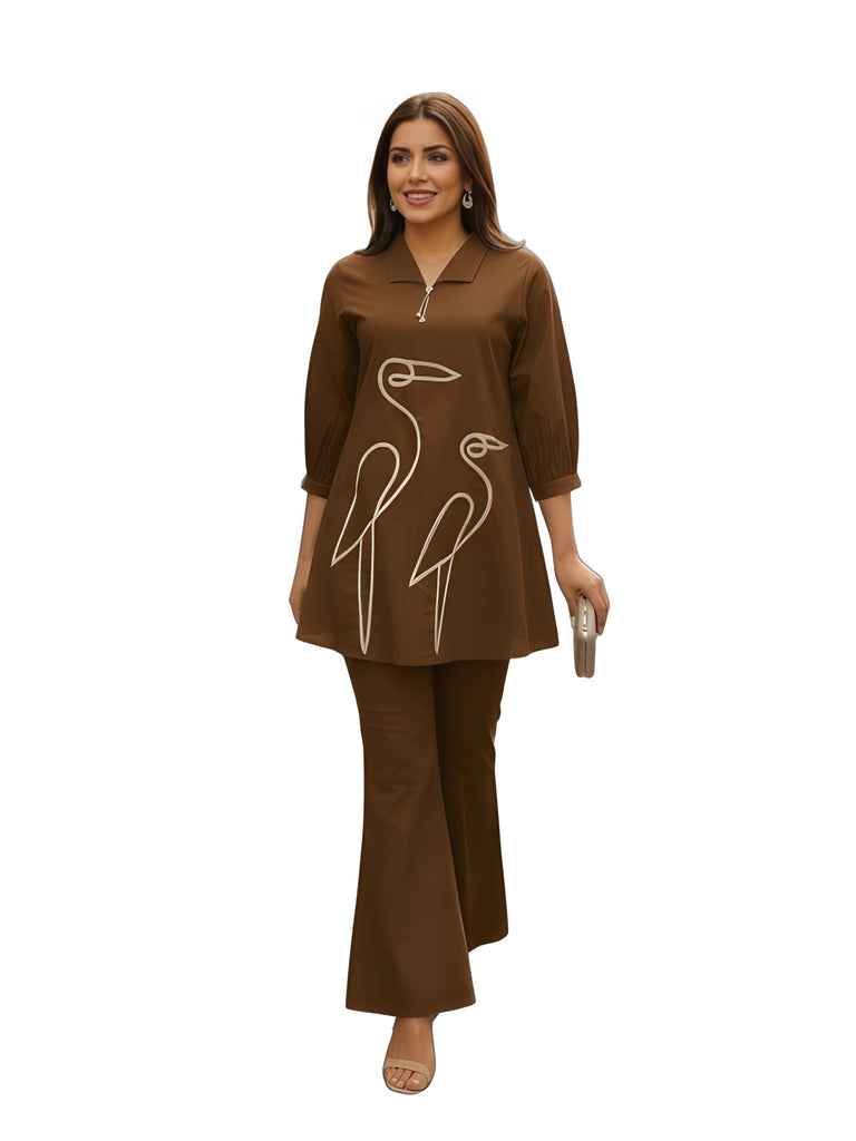 Women Coffee Brown Line Art Embroidered Cotton Ethnic Co-ord Set