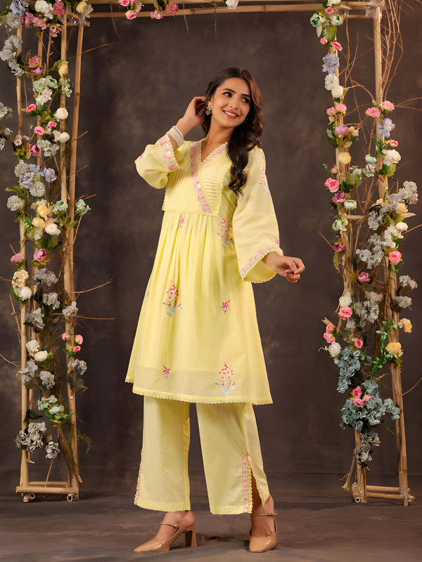 Women Lemon Yellow Embroidered Cotton Angrakha Kurta with Trousers