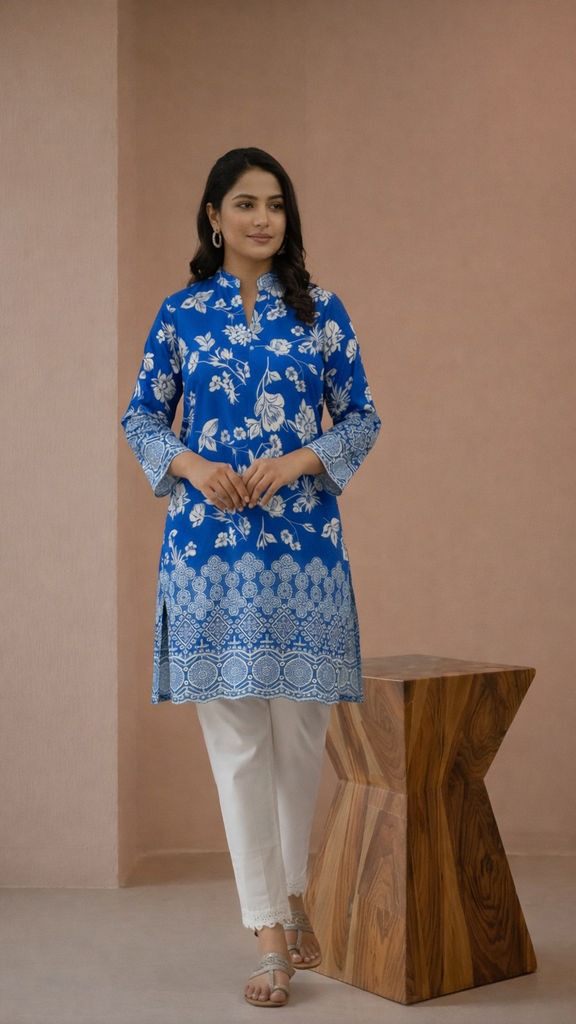 Women navy blue Schiffli Floral
Embroidered Straight Kurta
with bottoms