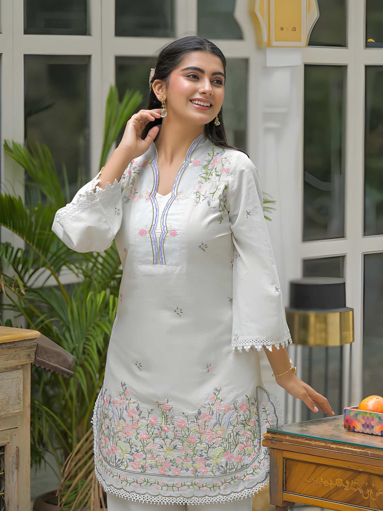 Women Off-White Floral Embroidered V-Neck Tunic with Trousers Co-ord Set