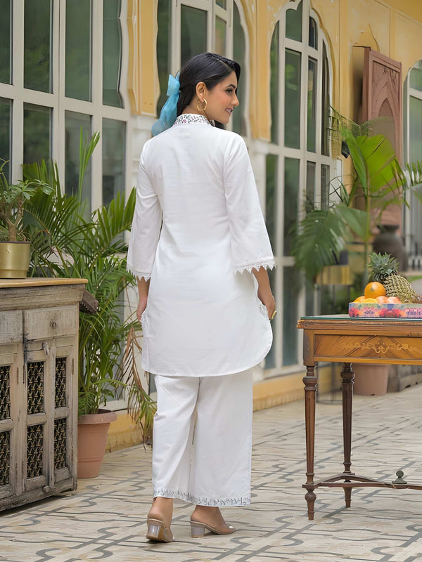 Women Off-White Floral Embroidered V-Neck Tunic with Trousers Co-ord Set