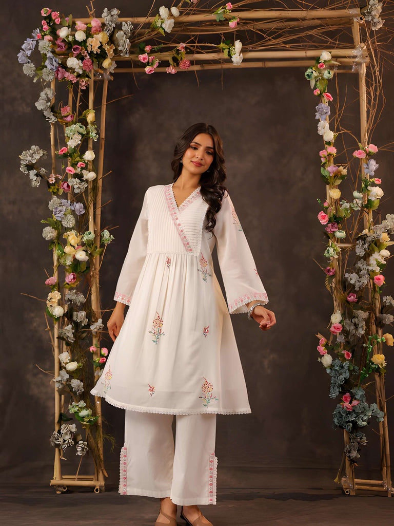 Women Off-White Embroidered Cotton Angrakha Kurta with Trousers