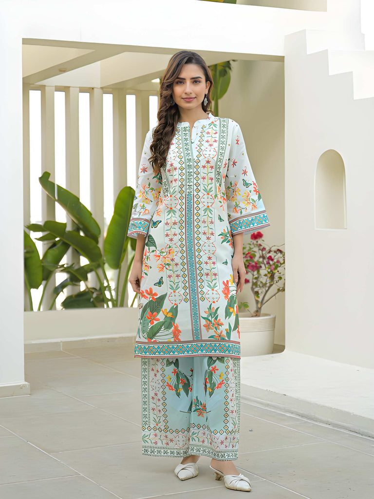 Women White and Light Blue Floral Printed Cotton Kurta and Palazzo Set