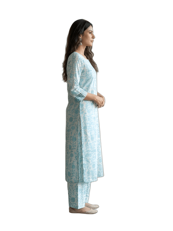 White & Sea Green Floral Printed  Button A-Line Kurta set
