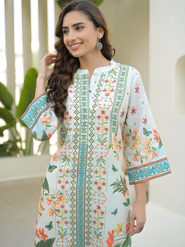 Women White and Light Blue Floral Printed Cotton Kurta and Palazzo Set
