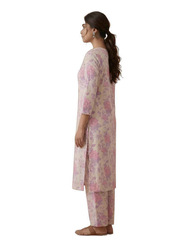 Off-White & Pink Cotton Floral Printed Kurta Set