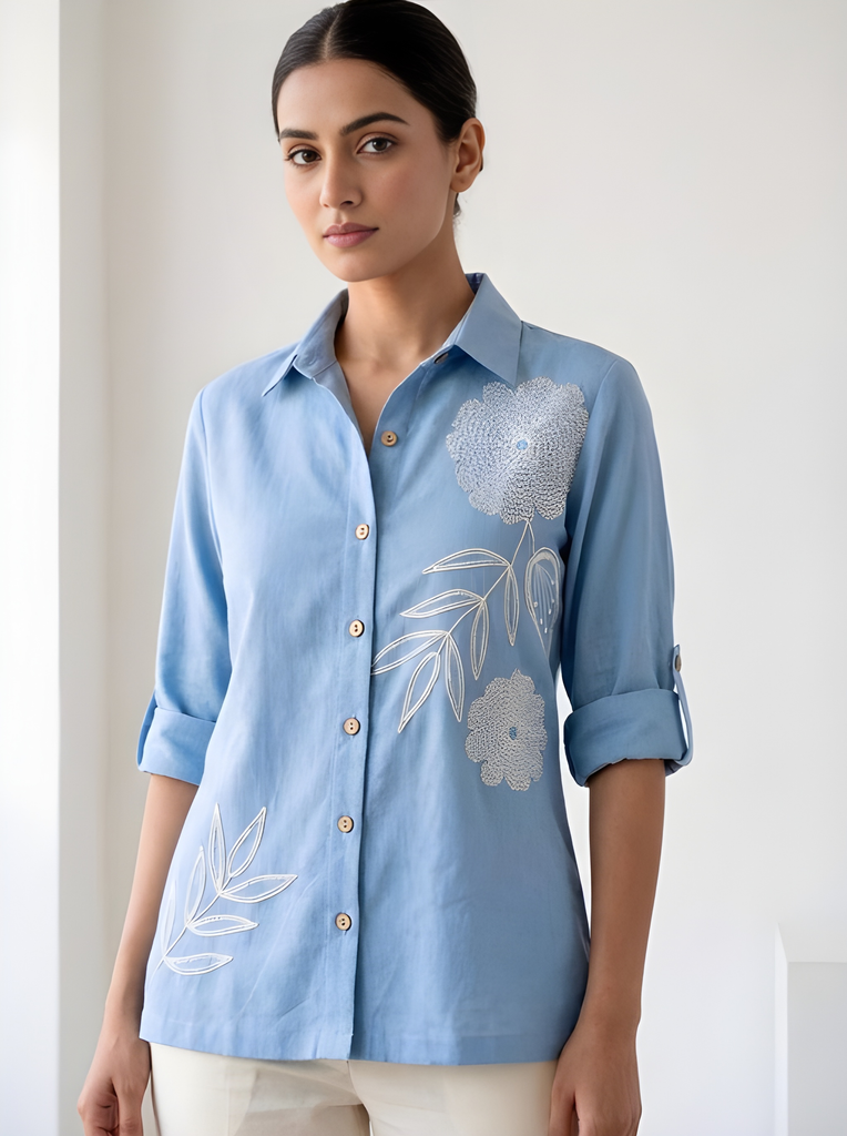 Women Powder Blue Cotton Button-Down Shirt with Floral Embroidery