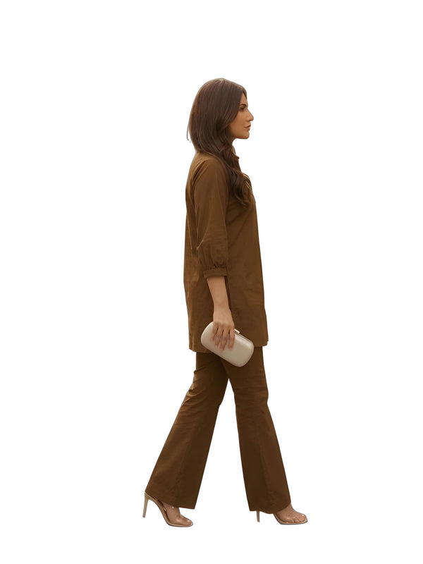 Women Coffee Brown Line Art Embroidered Cotton Ethnic Co-ord Set