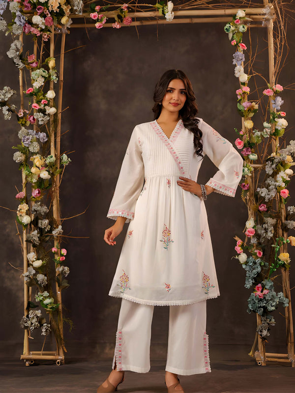 Women Off-White Embroidered Cotton Angrakha Kurta with Trousers