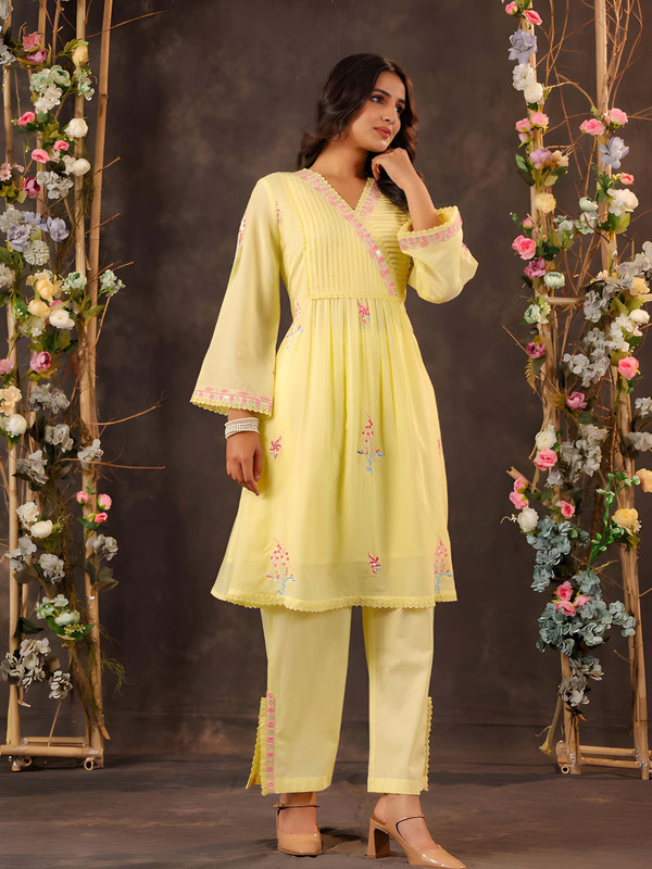Women Lemon Yellow Embroidered Cotton Angrakha Kurta with Trousers