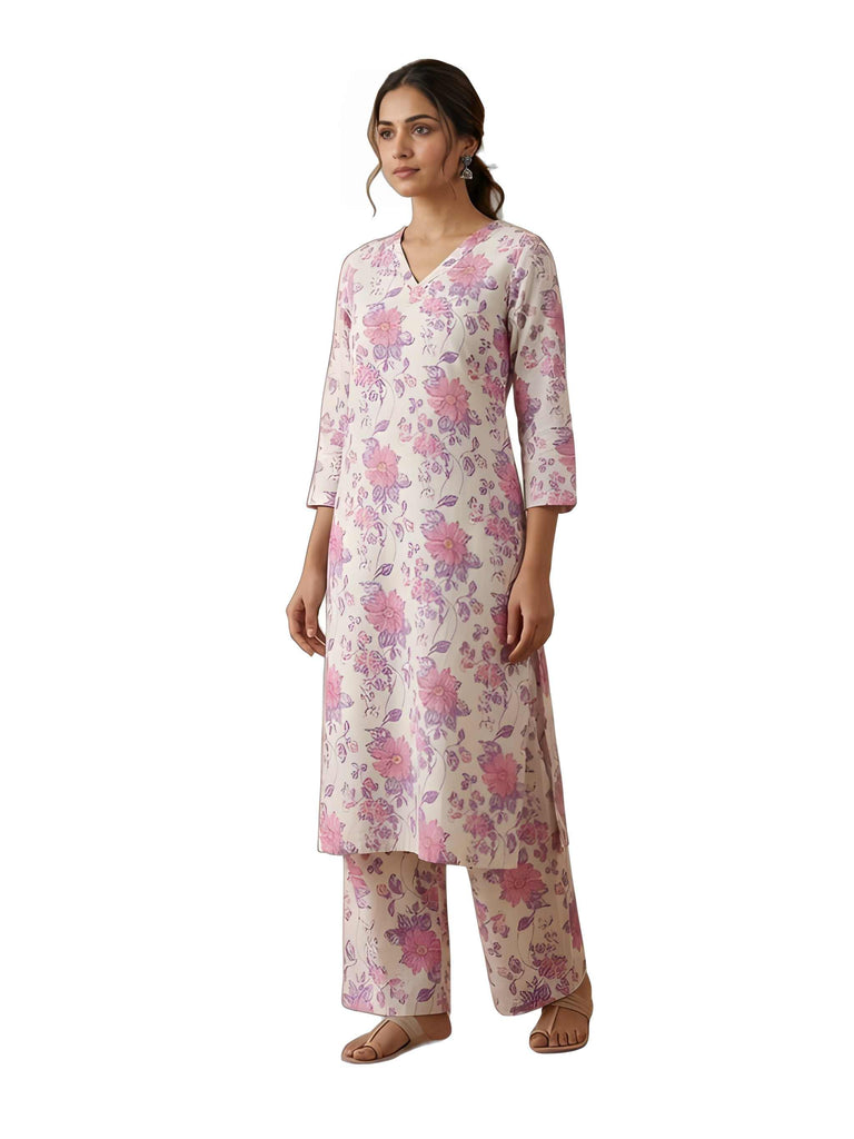 Off-White & Pink Cotton Floral Printed Kurta Set