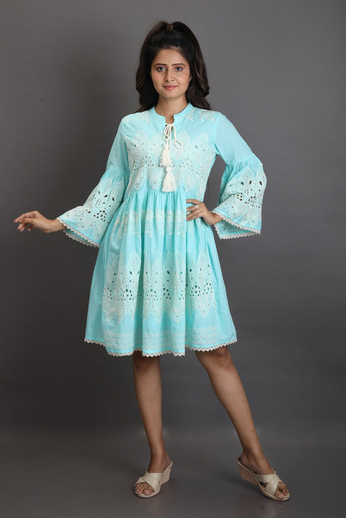 Sky Blue Schiffli Embroidered A-line Dress – M MarchLabel India